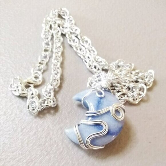 Rare! Pale Blue Aventurine Moon Pendant Necklace - Calling All Moon Goddesses - Picture 4 of 8